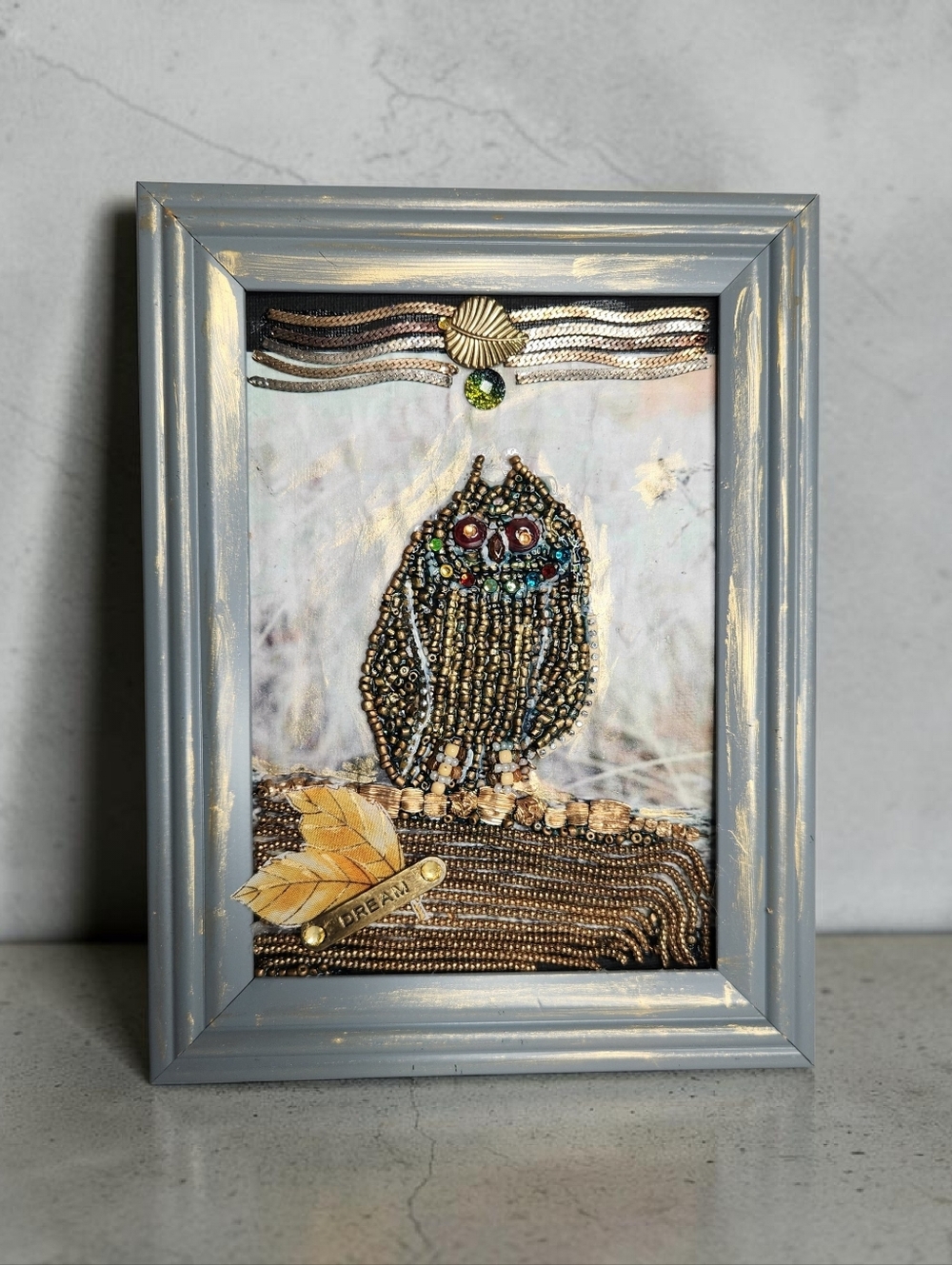 Artisan Made Upcycled Jewelry Unique Mixed Media Framed Art Beaded Owl OOAK